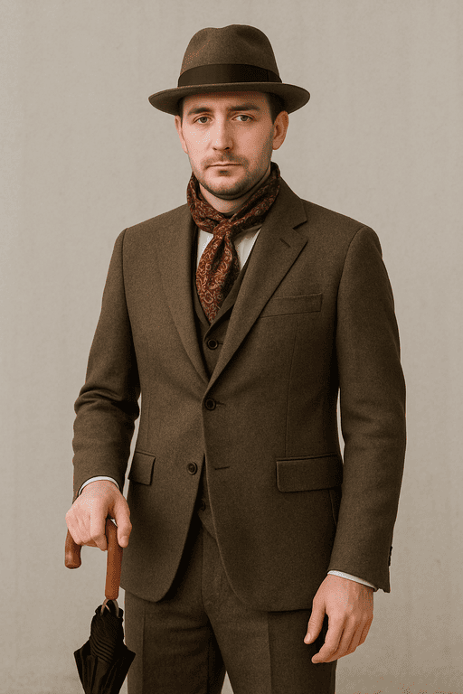 el clásico vestido de clásico. Traje marrón, pañuelo al cuello también marrón y paraguas cerrado, a modo de bastón